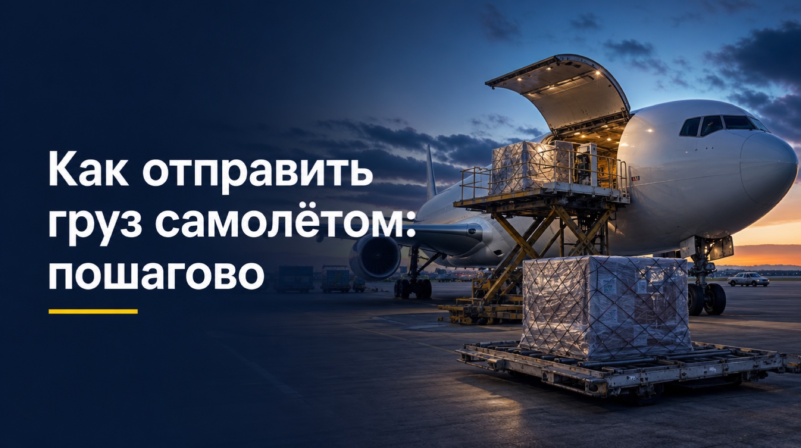 Загрузка грузового самолёта на перроне аэропорта в сумерках