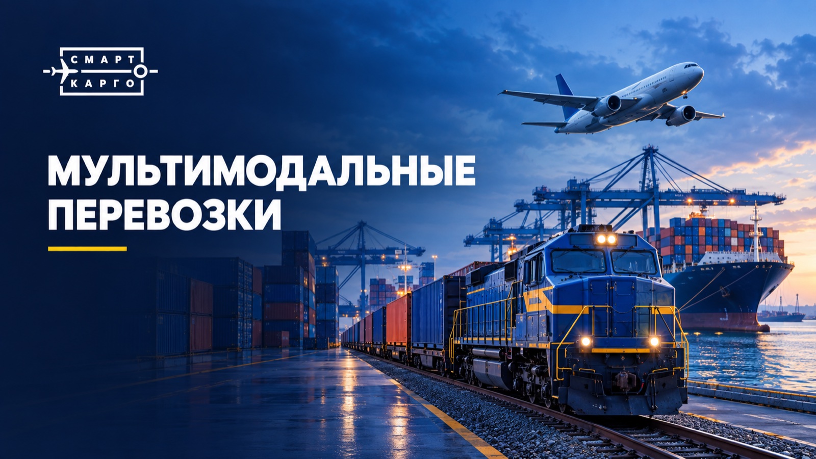Мультимодальная перевозка: контейнерный поезд, судно и грузовой самолёт в порту