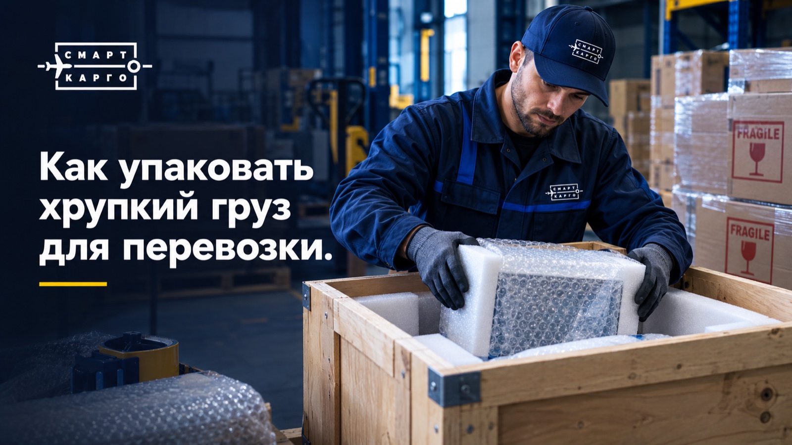 Упаковка хрупкого груза в деревянную обрешётку с пенопластом и плёнкой на складе