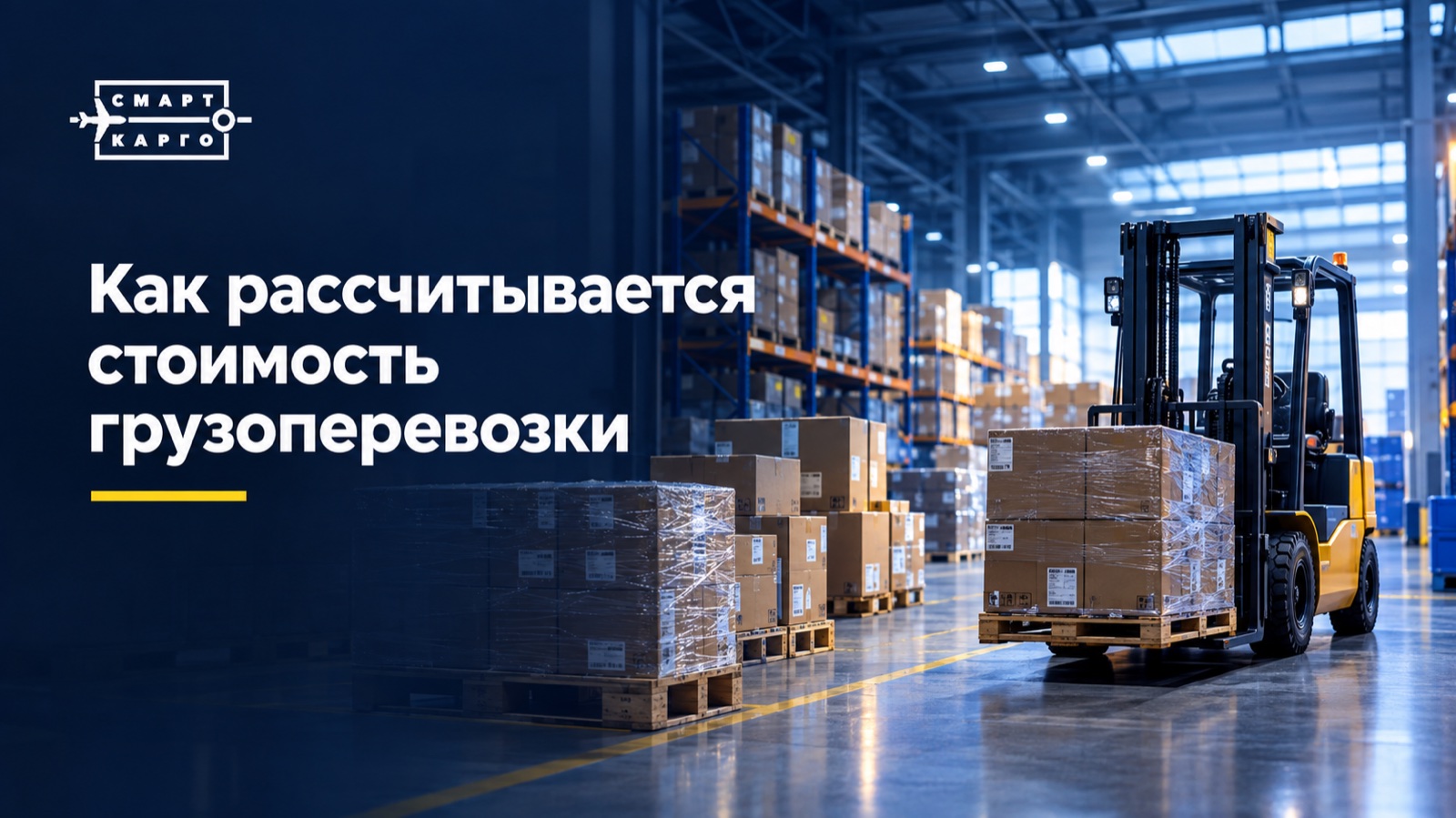 Складской комплекс с паллетами груза и погрузчиком — расчёт стоимости грузоперевозки